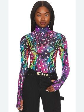 AFRM Zadie Multicolor Zebra Print Turtleneck Mesh Sheer Long Sleeve Top size L